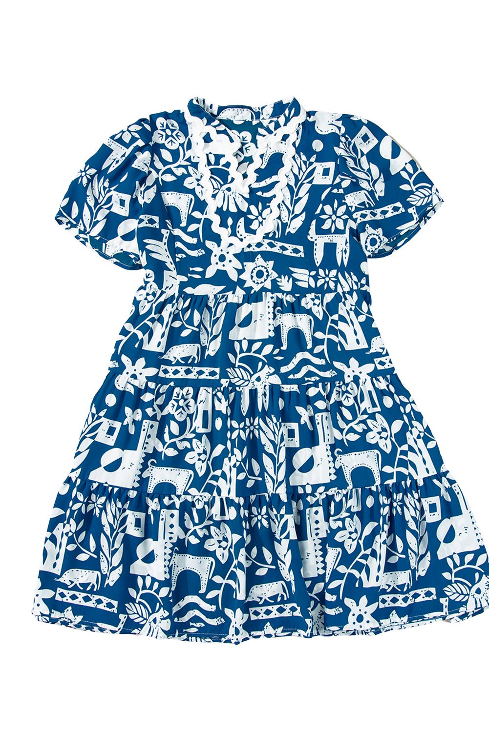 Blue Ricrac Trim Split Neck Floral Loose Dress