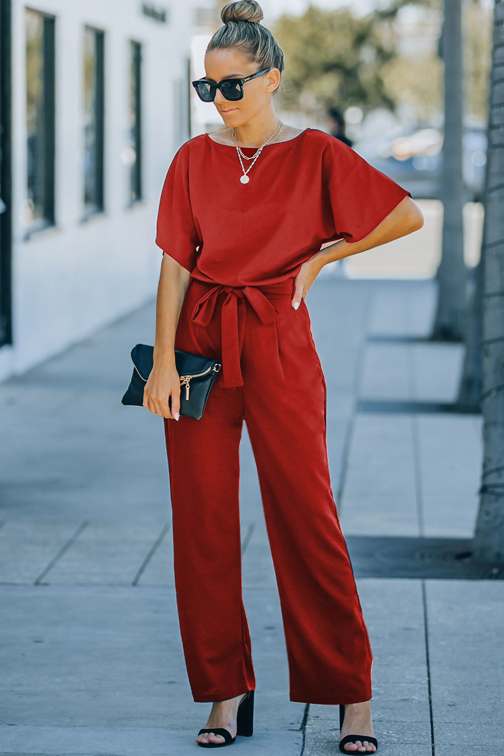 Blue Belted Wide Leg Jumpsuit