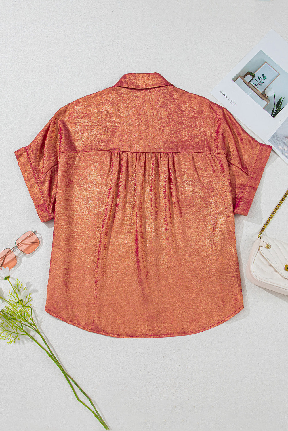 Rose Red Plus Size Metallic Sheen Short Sleeve Button Up Shirt