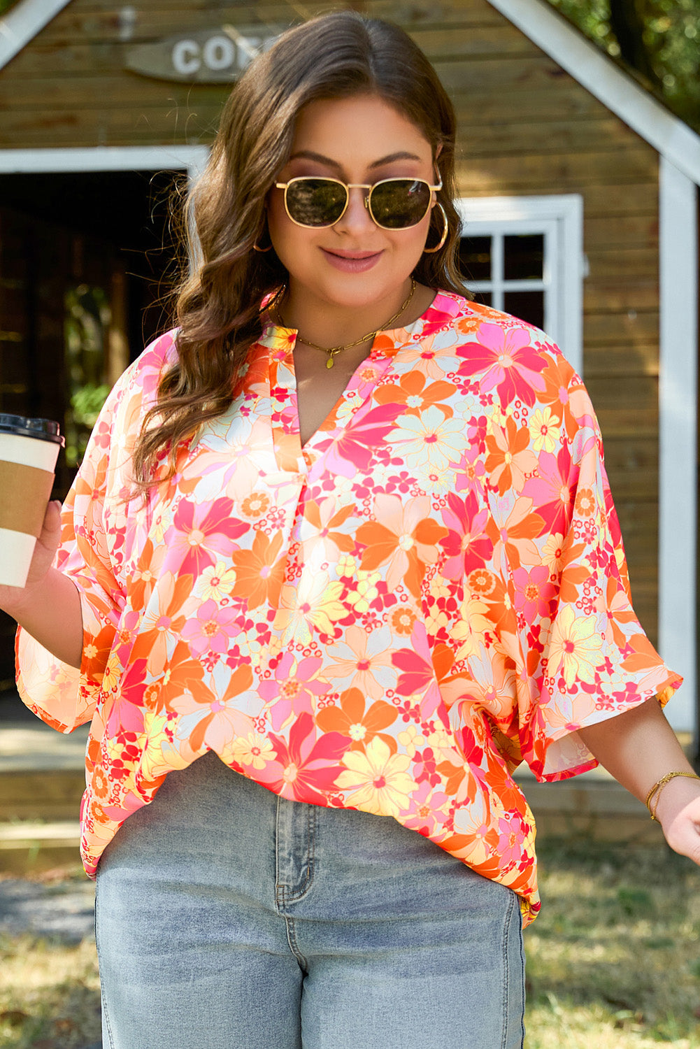 Red Floral Short Sleeve Slit Neck Plus Size Blouse