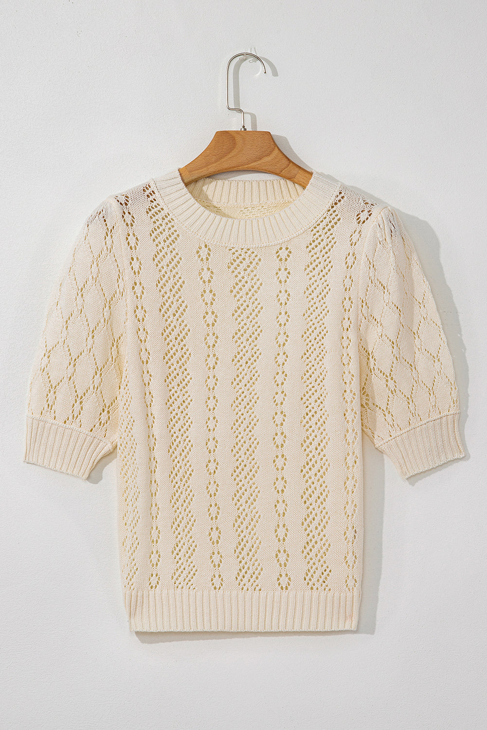 Beige Hollowed Pattern Knit Short Puff Sleeve Sweater