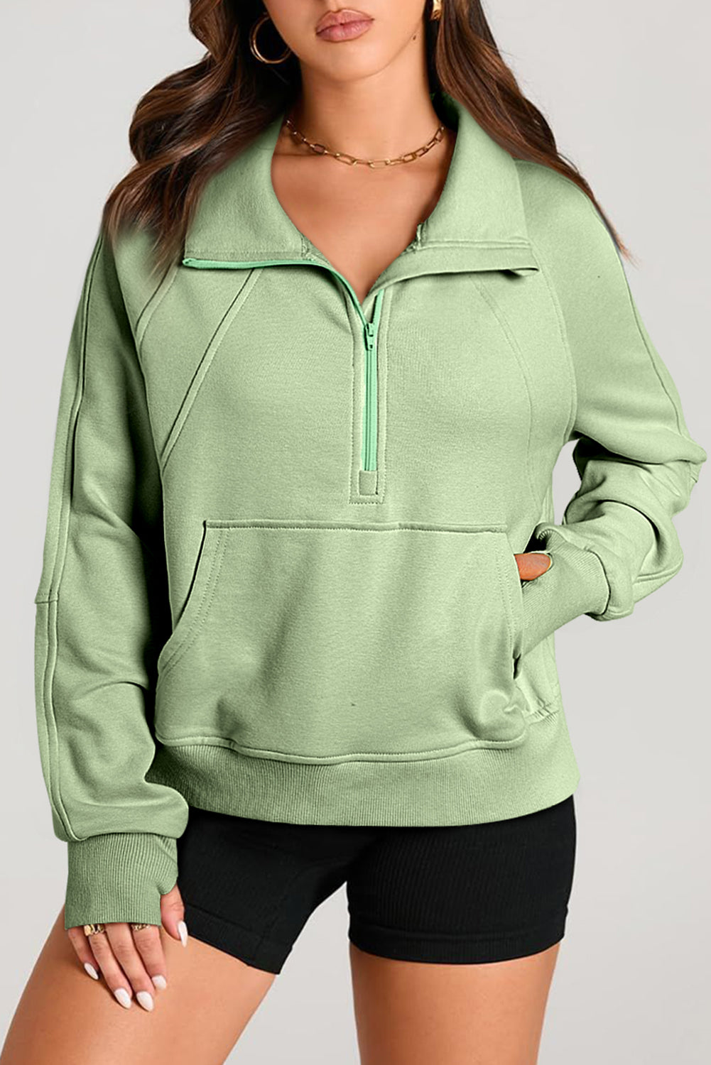 Black Quarter Zip Stand Neck Kangaroo Pocket Sweatshirt