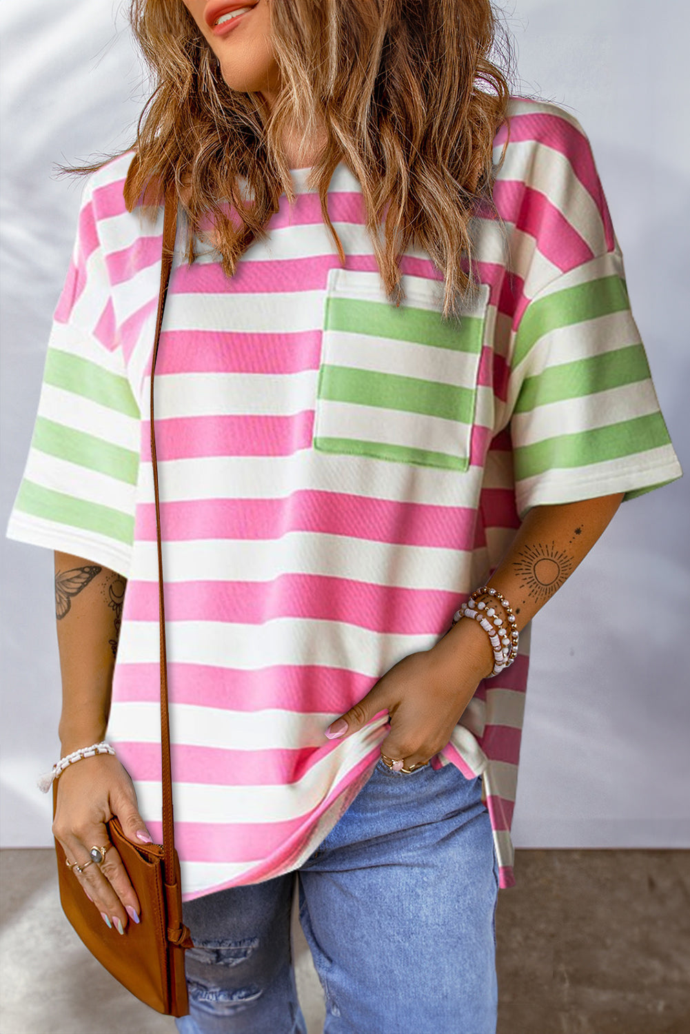 Pink Stripe Contrast Patch Pocket Drop Sleeve T Shirt