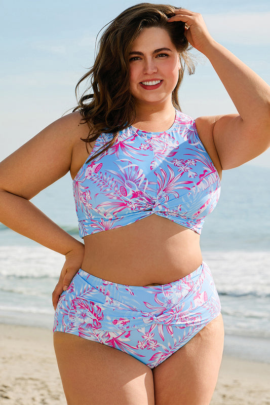 Sky Blue Plus Size Floral Print Twisted High Waist Bikini Set