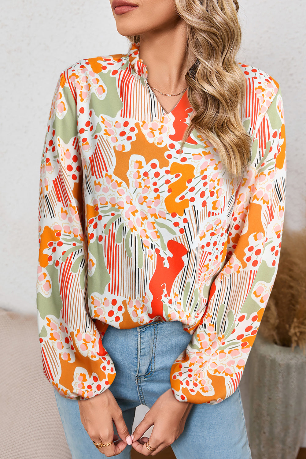 Orange Printed Split V Neck Puff Sleeve Blouse