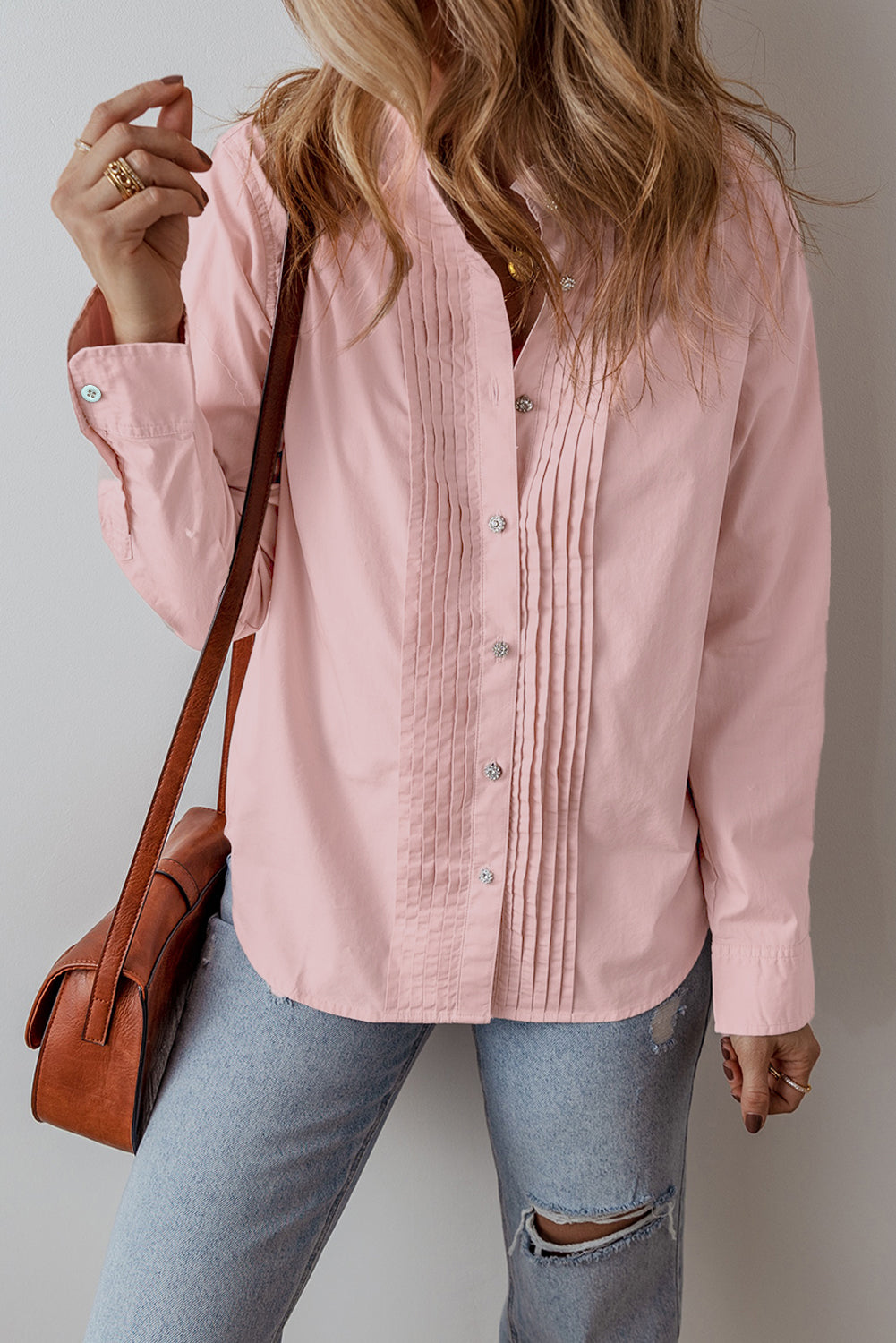 Light Pink Pleated Button-Up Loose Fit Casual Shirt