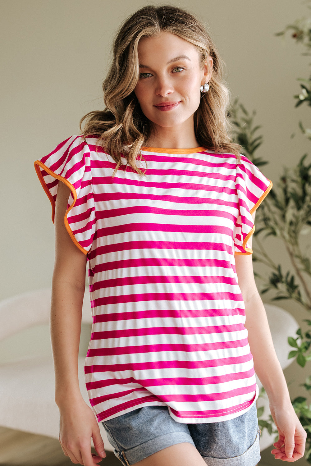 Rose Red Striped Ruffle Sleeve Crew Neck Blouse