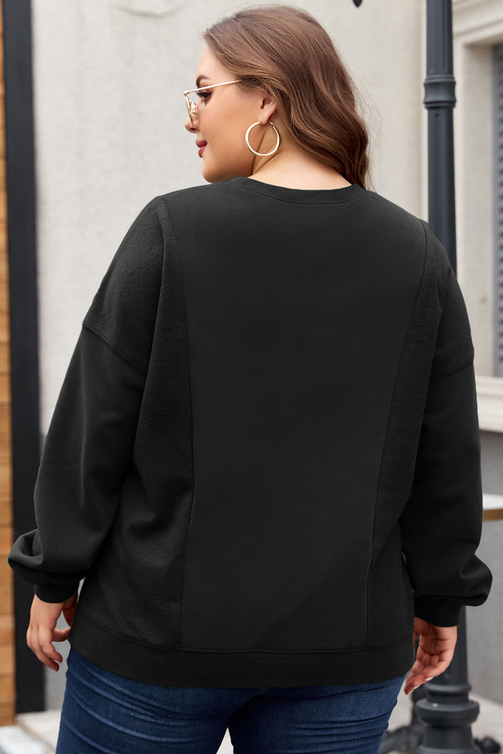 Black Loose Patchwork Crewneck Plus Size Sweatshirt