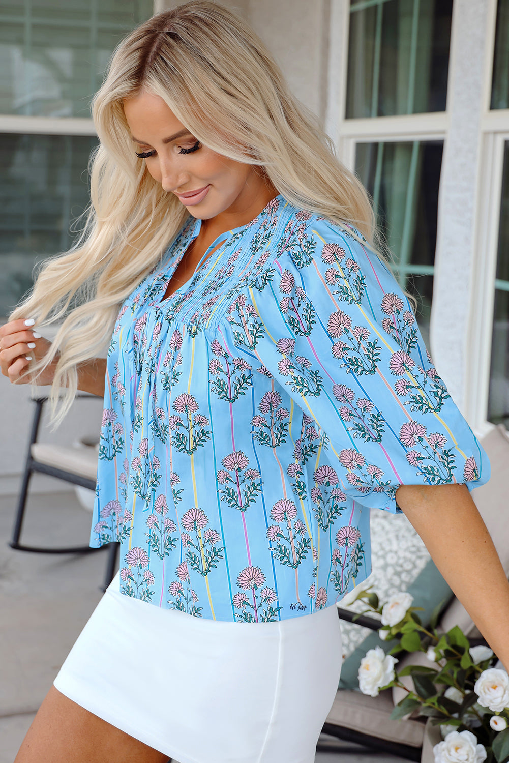 Sky Blue Floral Striped Print Shirred Yoke Split Neck Blouse