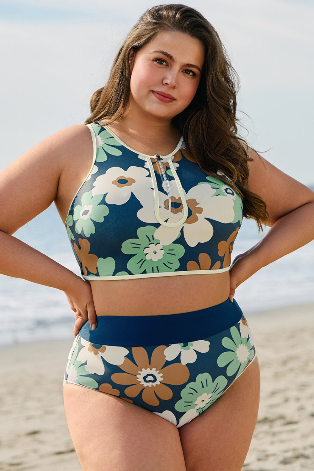 Green Floral Printed Zipped Plus Size Two Pieces Bikini