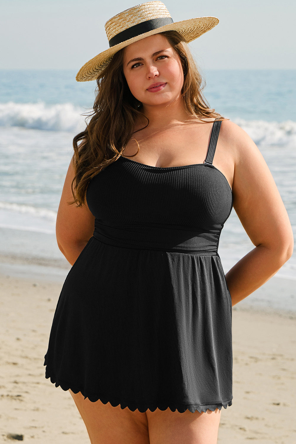 Black Plus Size Textured Scalloped Trim Swim Dress with Panty