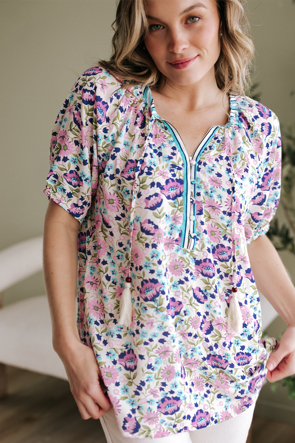 Multicolour Bohemian Floral V Neck Loose Half Sleeve Blouse