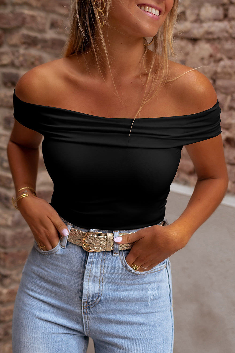 White Folded Off Shoulder Slim Top