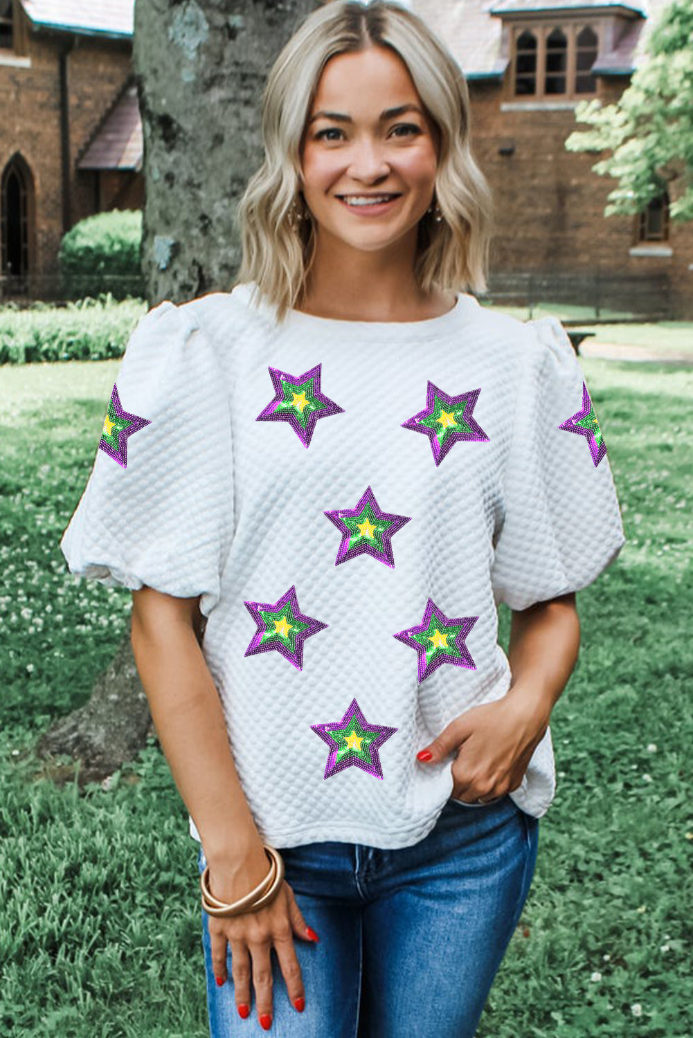 White Textured Sequin Mardi Gras Star Graphic Puff Sleeve Blouse