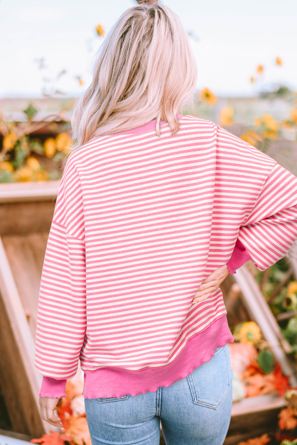 Pink Stripe Santa Clause Print Drop Shoulder Long Sleeve Loose Top