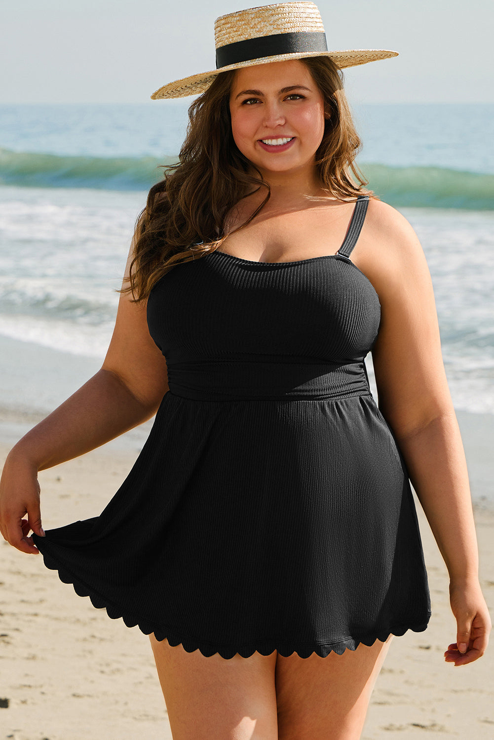 Black Plus Size Textured Scalloped Trim Swim Dress with Panty