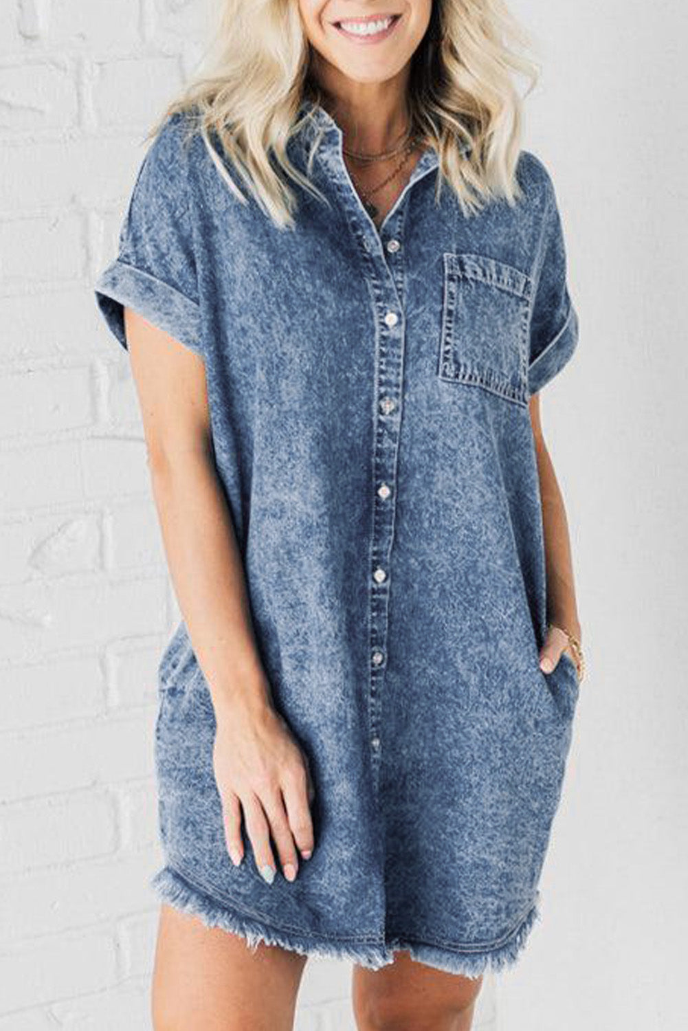 Blue Mineral Wash Cuffed Sleeve Frayed Hem Denim Dress