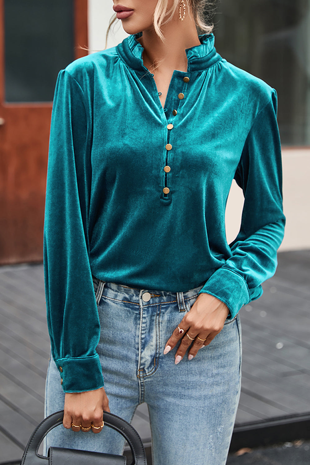 Navy Blue Frilled Neck Buttoned Front Velvet Top