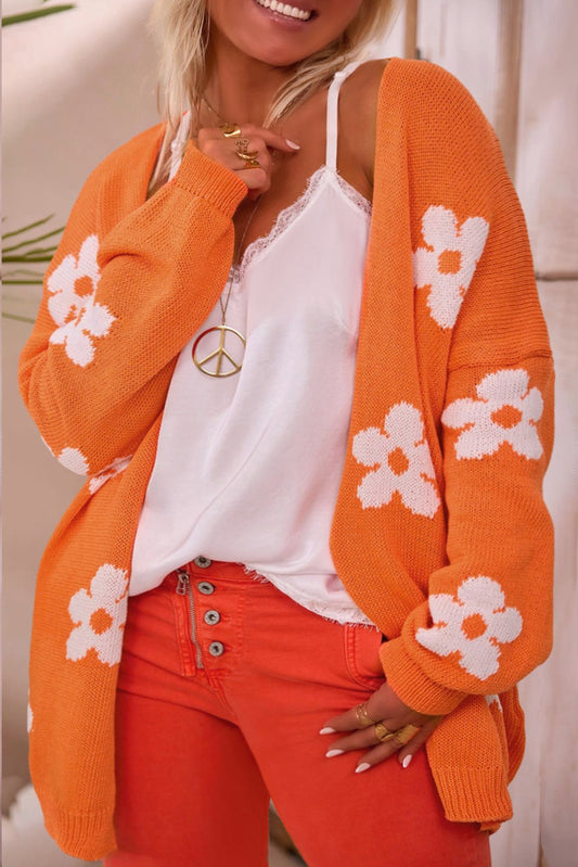 Orange Flower Pattern Drop Shoulder Plus Size Cardigan