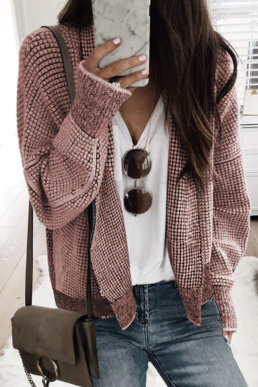 Apricot Plaid Contrast Trim Open Front Cardigan