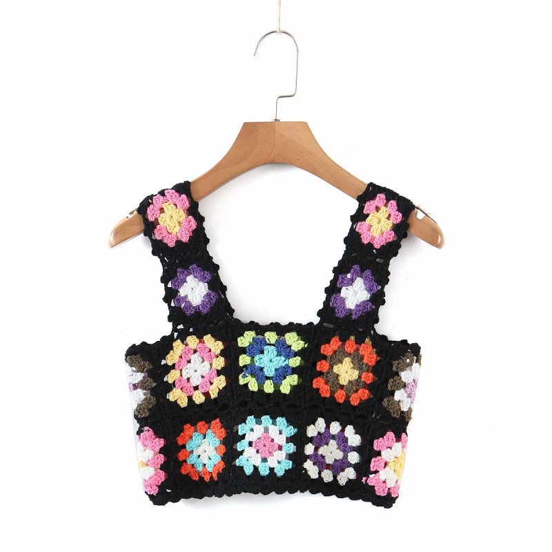 Fashionable Square Neck Sleeveless Short Sleeve Crochet Hollow Vest