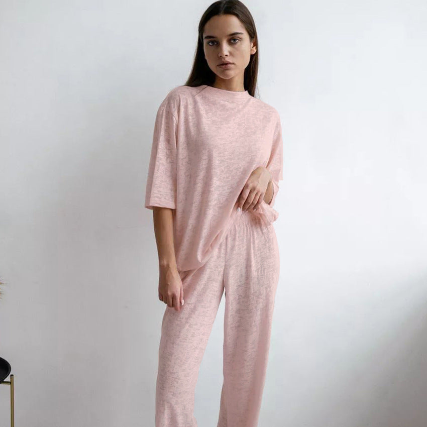 Summer See Through Knitted Half Sleeve Trousers Loose Two Piece Suit Home Wear Women Breathable Soft