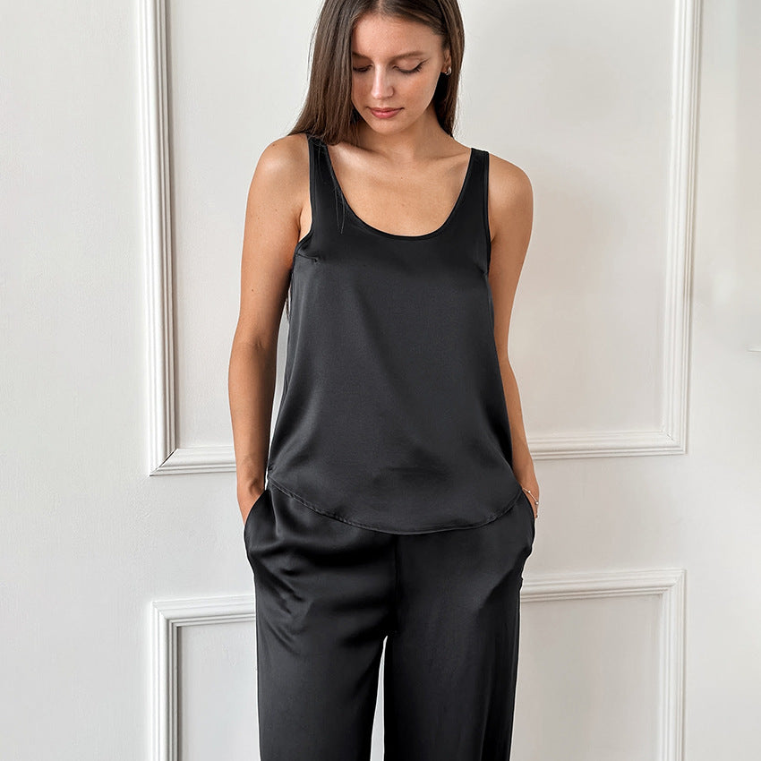 Black Satin Sling Top Trousers Comfortable Loose Home Wear Women Simple Casual Pajamas