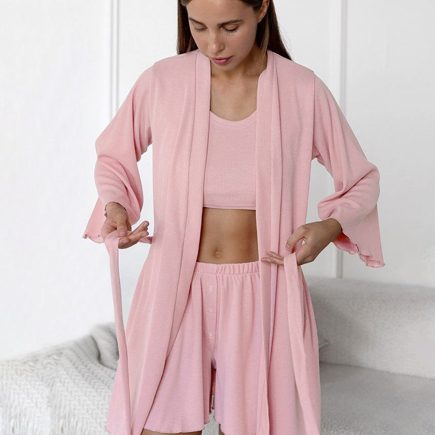 Autumn Winter Women Pajamas Long Sleeve Bathrobe Underwear Shorts Three Piece Knitted Sunken Stripe Homewear