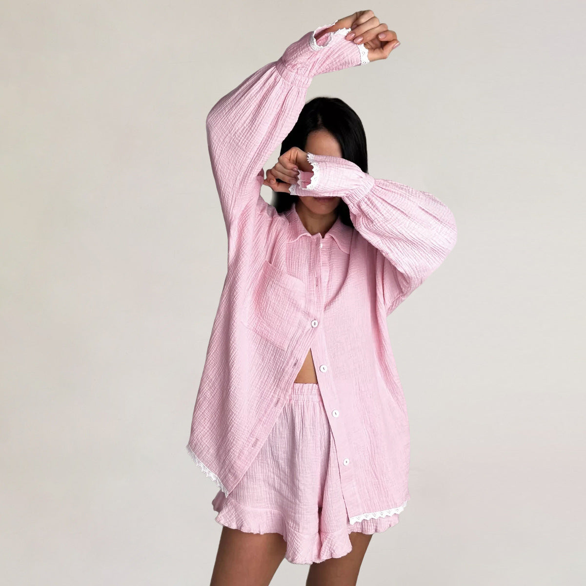 Spring Crepe Ruffled Pajamas Long Sleeve Shorts Two Piece Shirt Solid Color Homewear Women