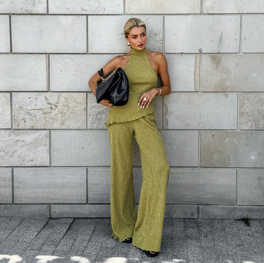 Spring Summer Design Green Sleeveless Halter Vest Wide Leg Pants Two Piece Set Office Women