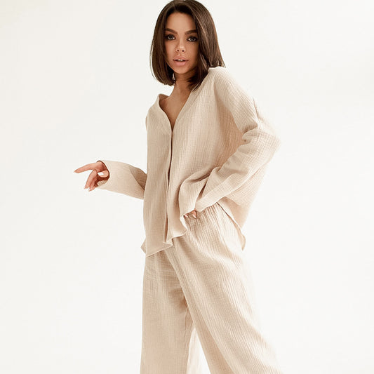 Summer Double Layer Crepe V-neck French Loose Comfortable Long Sleeve Pajamas Women Cotton Linen Homewear Set