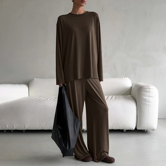 Autumn Knitted round Neck Loose Casual Soft Breathable Pajamas Suit Long Sleeve Trousers Women Homewear