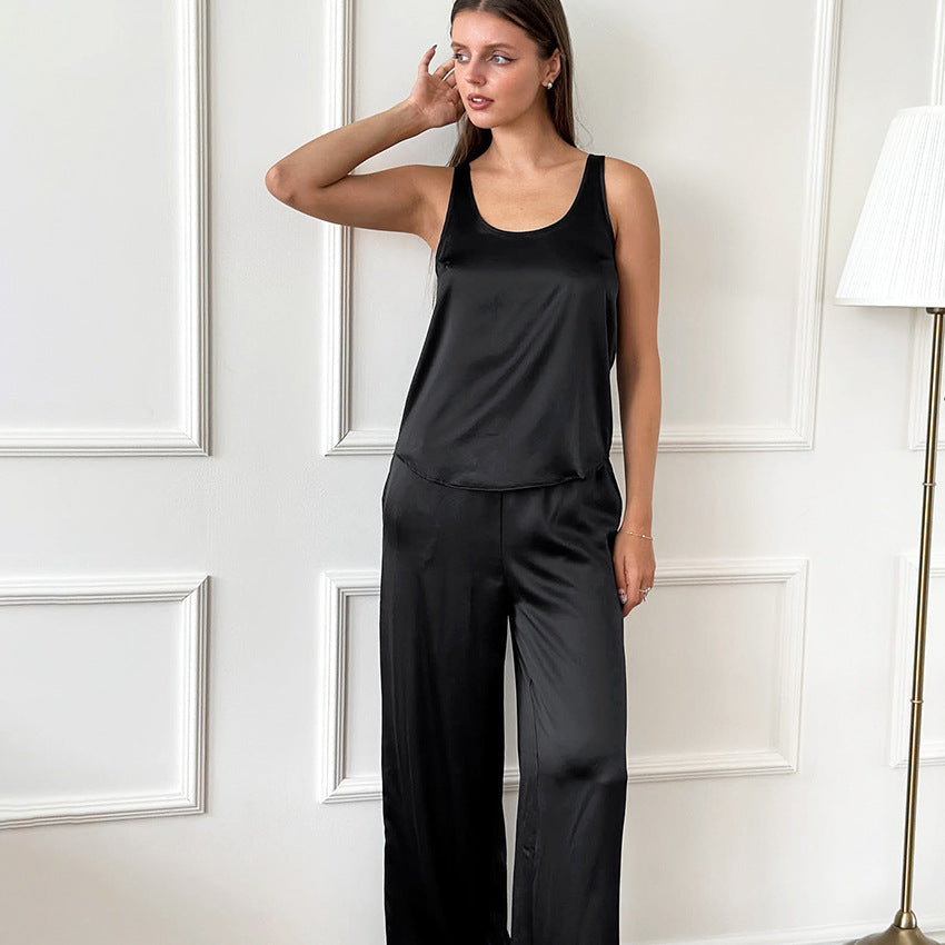 Black Satin Sling Top Trousers Comfortable Loose Home Wear Women Simple Casual Pajamas