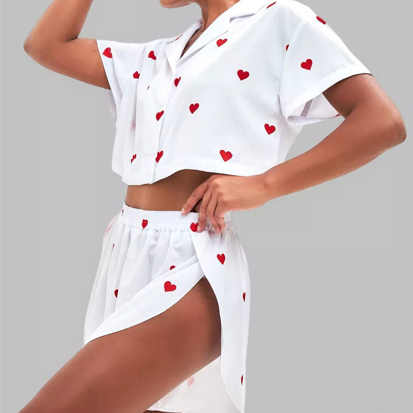 Spring Cardigan Artificial Silk Heart Printing Pajamas Two Piece White Short Sleeved Shorts Women Home Wear