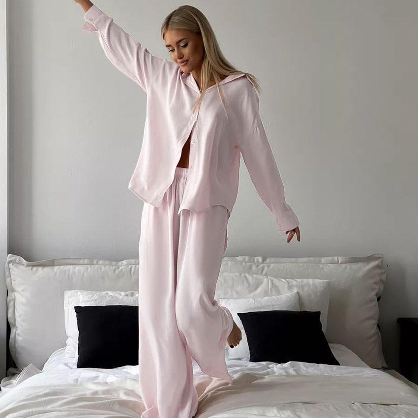 Solid Color Cardigan Loose Casual Pajamas Two Piece Cotton Linen Long Sleeved Trousers Home Wear Women Can