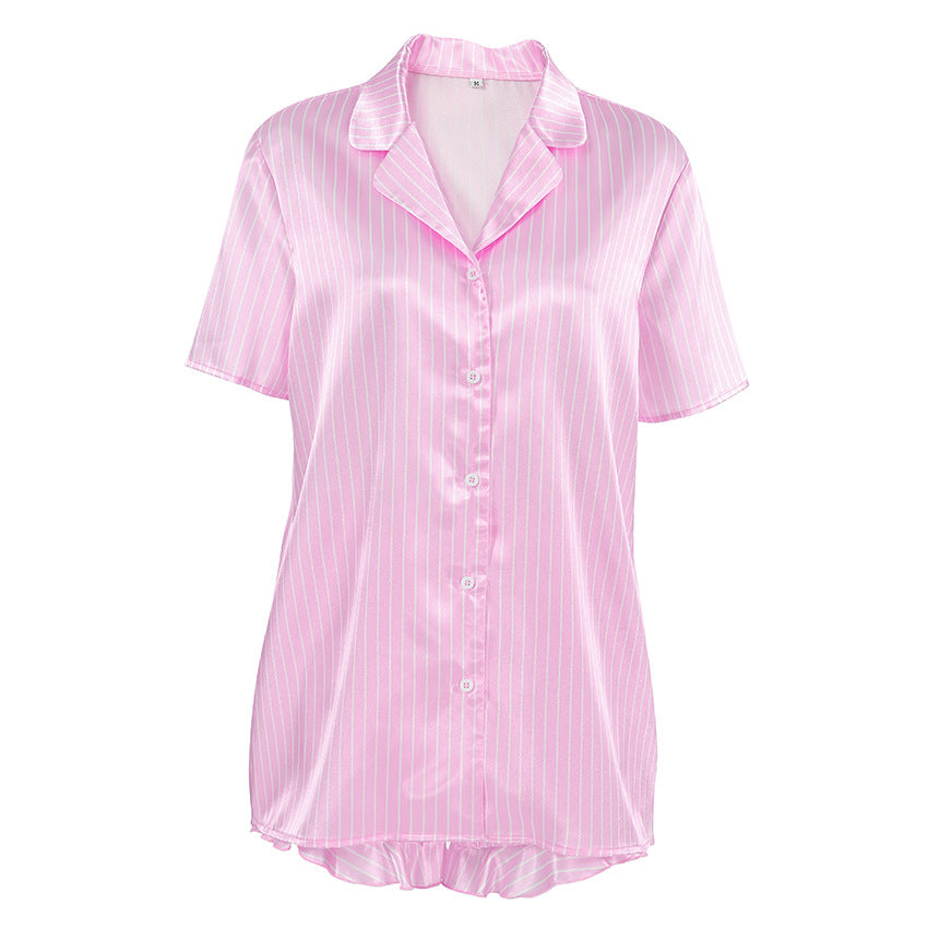 Summer Pink Striped Short Sleeved Shorts Home Wear Comfortable Satin Casual Loose Pajamas Women