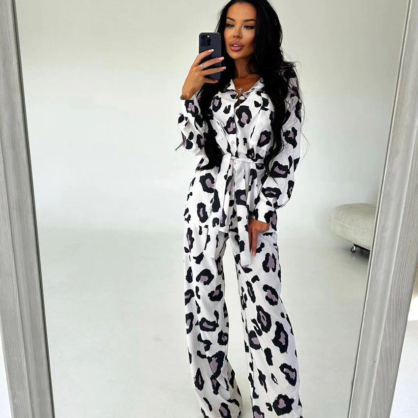 Leopard Print Cardigan Long Sleeve Pants Home Wear Autumn Casual Breathable Pajamas for Women