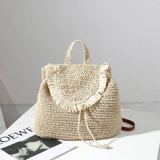 Backpack Straw Bag Mori Casual Tassel Straw Bag Woven Bag Women Same Seaside Vacation Beach Bag