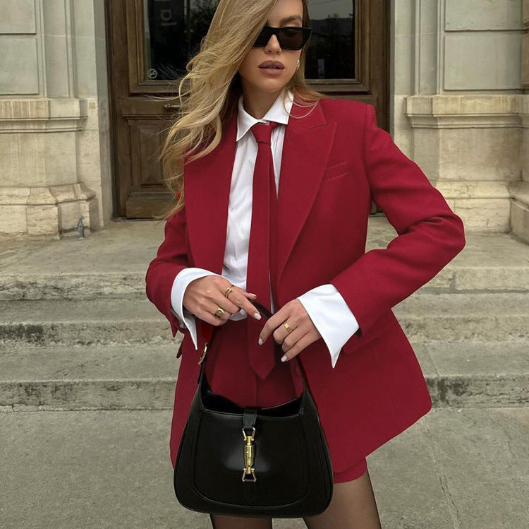 Spring Summer Office Red Necktie Outfit Shorts Jacket Two Piece Set