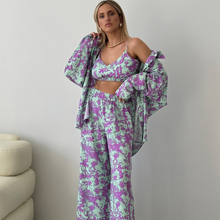 Printing Thin Pajamas Casual Long Sleeved Underwear Trousers Three Piece Set Home Wear Women