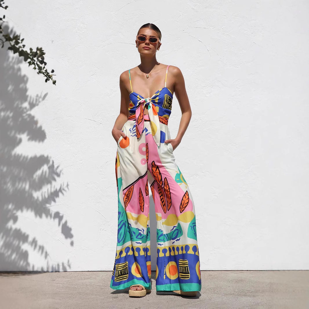 Spring Summer Printed Waist Controlled Smocking Strap Knotted Wide Leg Straight Jumpsuit