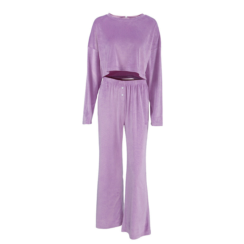 Autumn Velvet Warm Purple Long Sleeve Trousers Soft Knitted Pajamas Women Home Wear