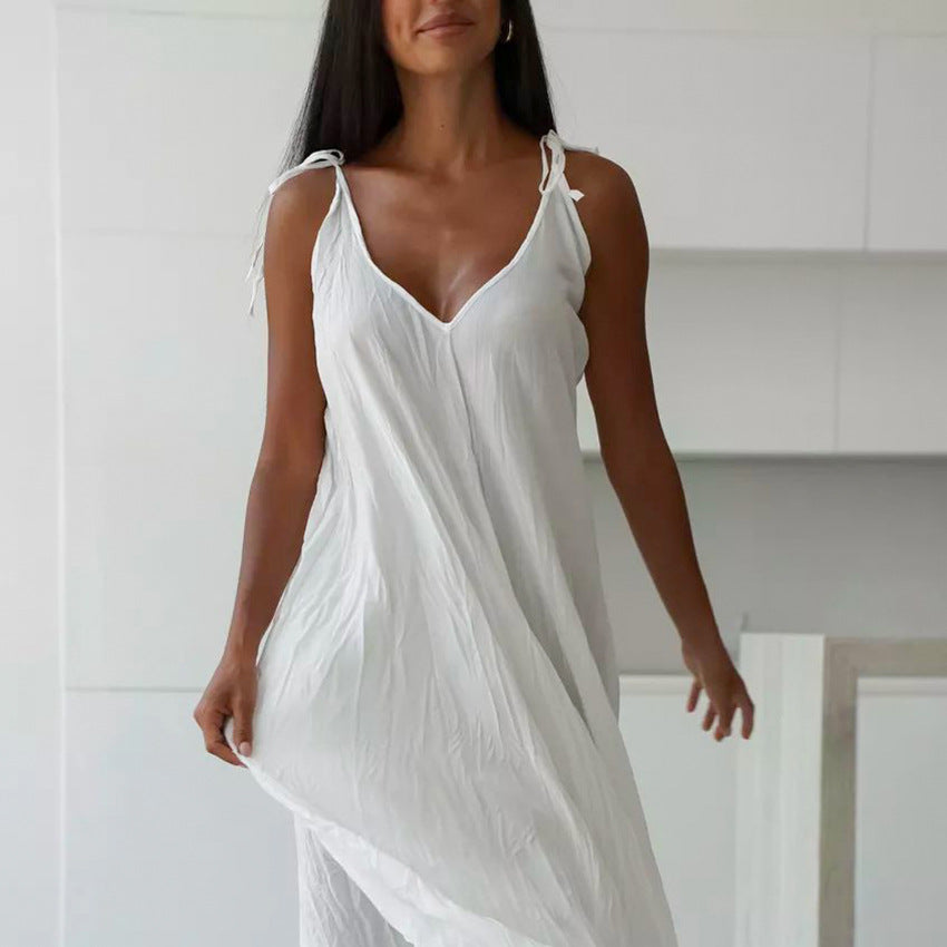 Ladies White Loose Idle Long Slip Nightdress Casual Comfortable Outerwear Homewear