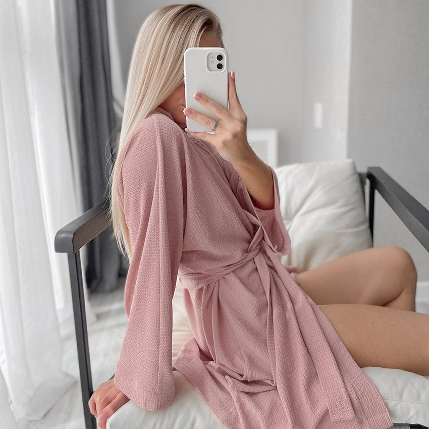 Autumn Pink Breathable Knitted Pajamas Three Piece Cardigan Sleeveless Shorts Ladies Homewear