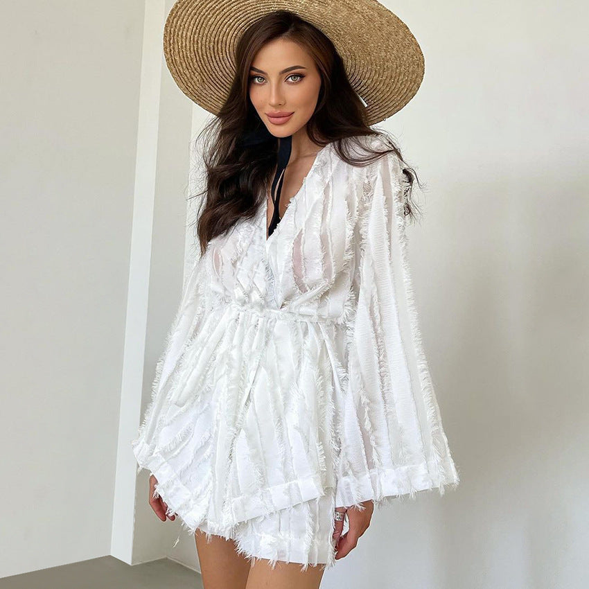 Summer Thin Breathable Two Piece Feather Long Sleeve Nightgown Shorts Can Be Outerwear Homewear Women