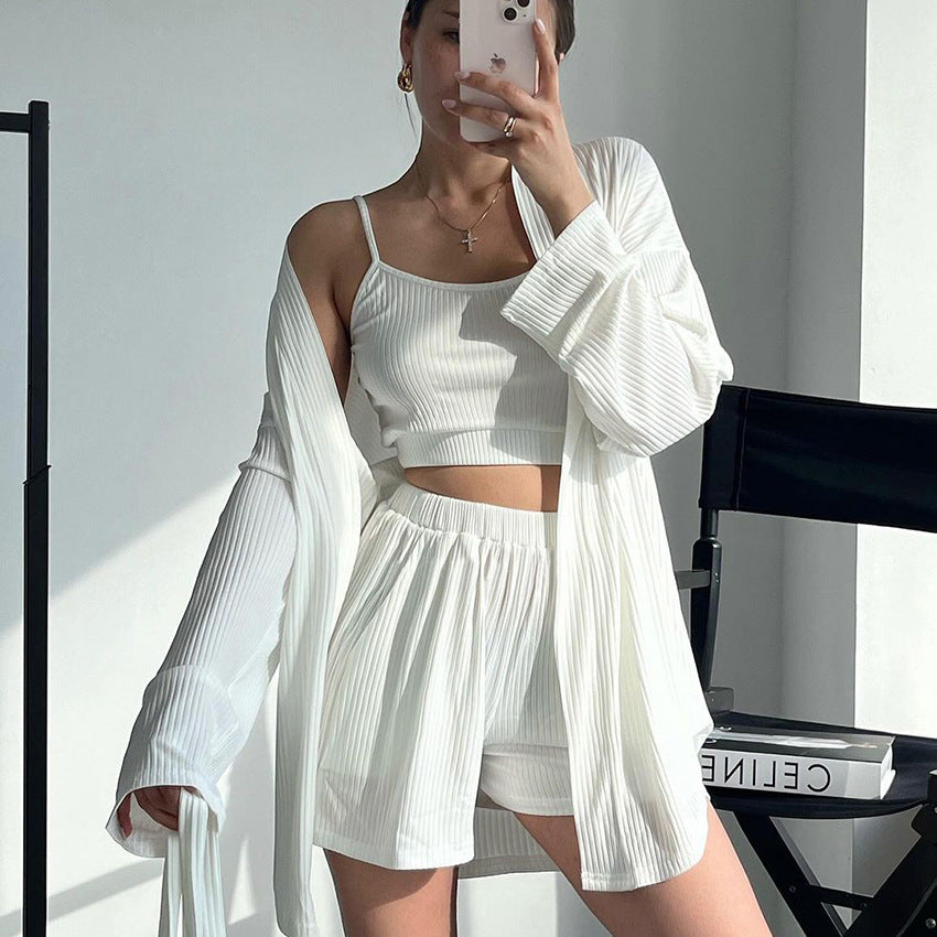 Autumn Knitted Long Sleeve Spaghetti Strap Shorts Three Piece Set Keep Warm Elastic Home Wear Women