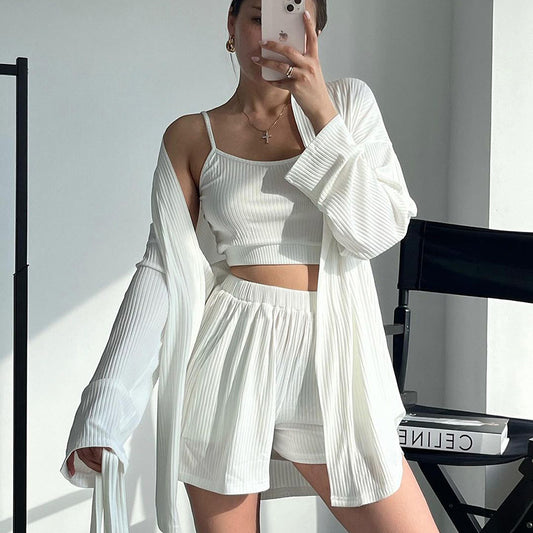 Autumn Knitted Long Sleeve Spaghetti Strap Shorts Three Piece Set Keep Warm Elastic Home Wear Women