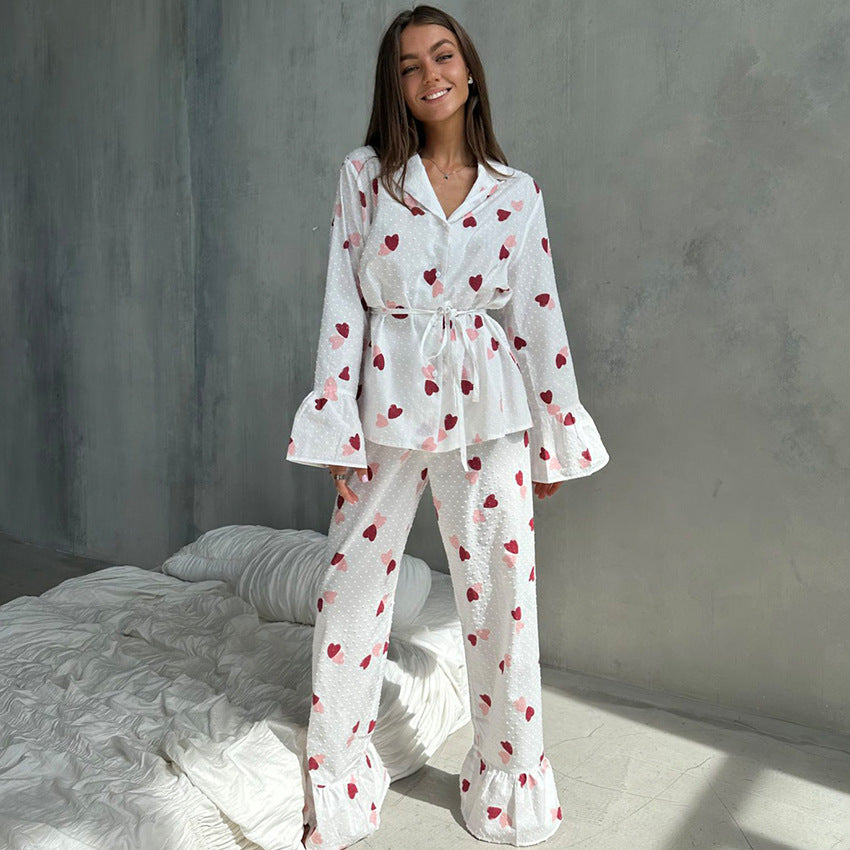 Autumn Cotton Heart Printing Long Sleeved Trousers Home Wear Loose Comfort Casual Pajamas Women