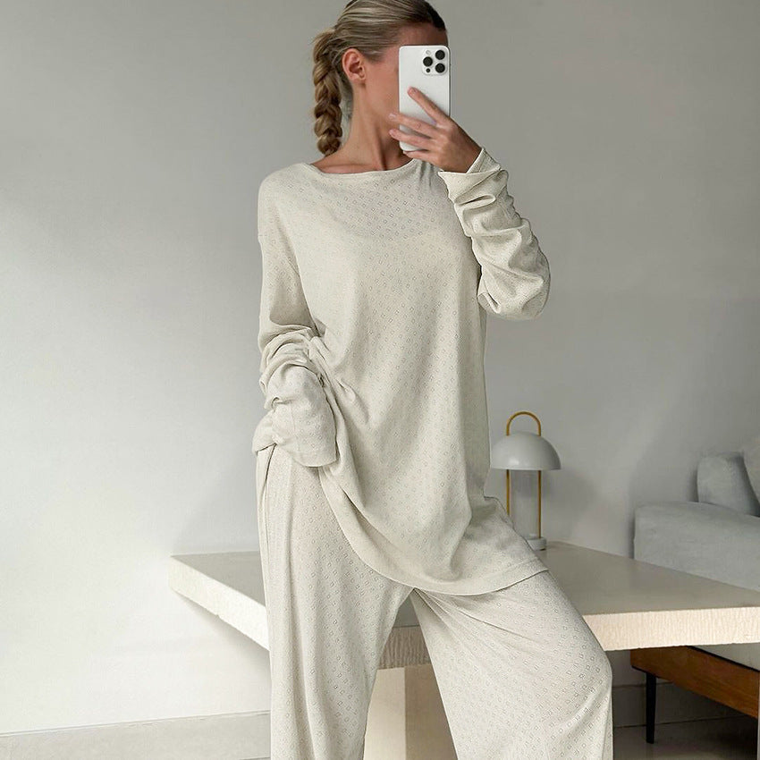 Autumn Comfort Knitted Loose Casual Long Sleeve Pants Pajamas Sets Home Wear Women