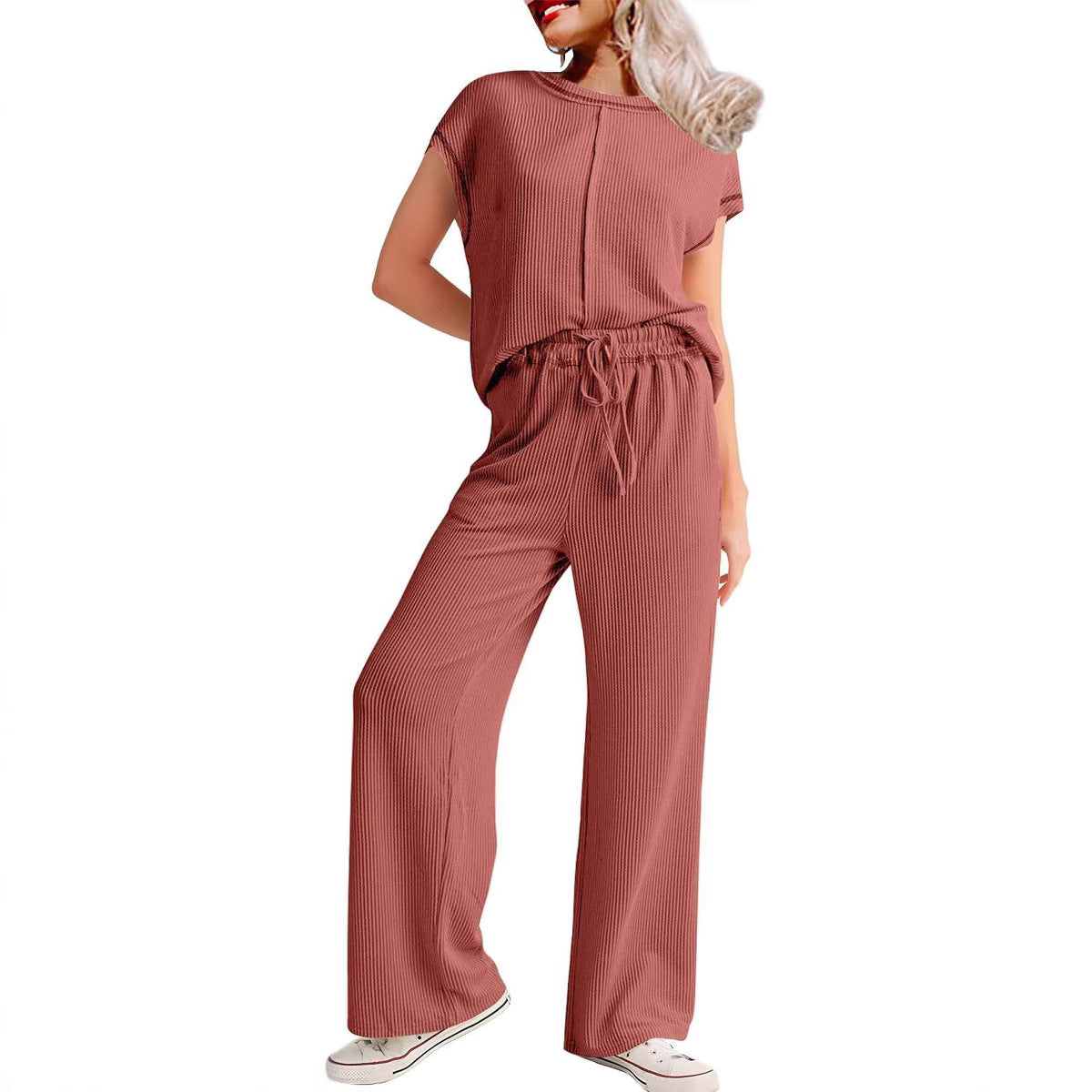 Spring Summer Casual Women Three Quarter Sleeve Rope Solid Color Office Trousers Set Women